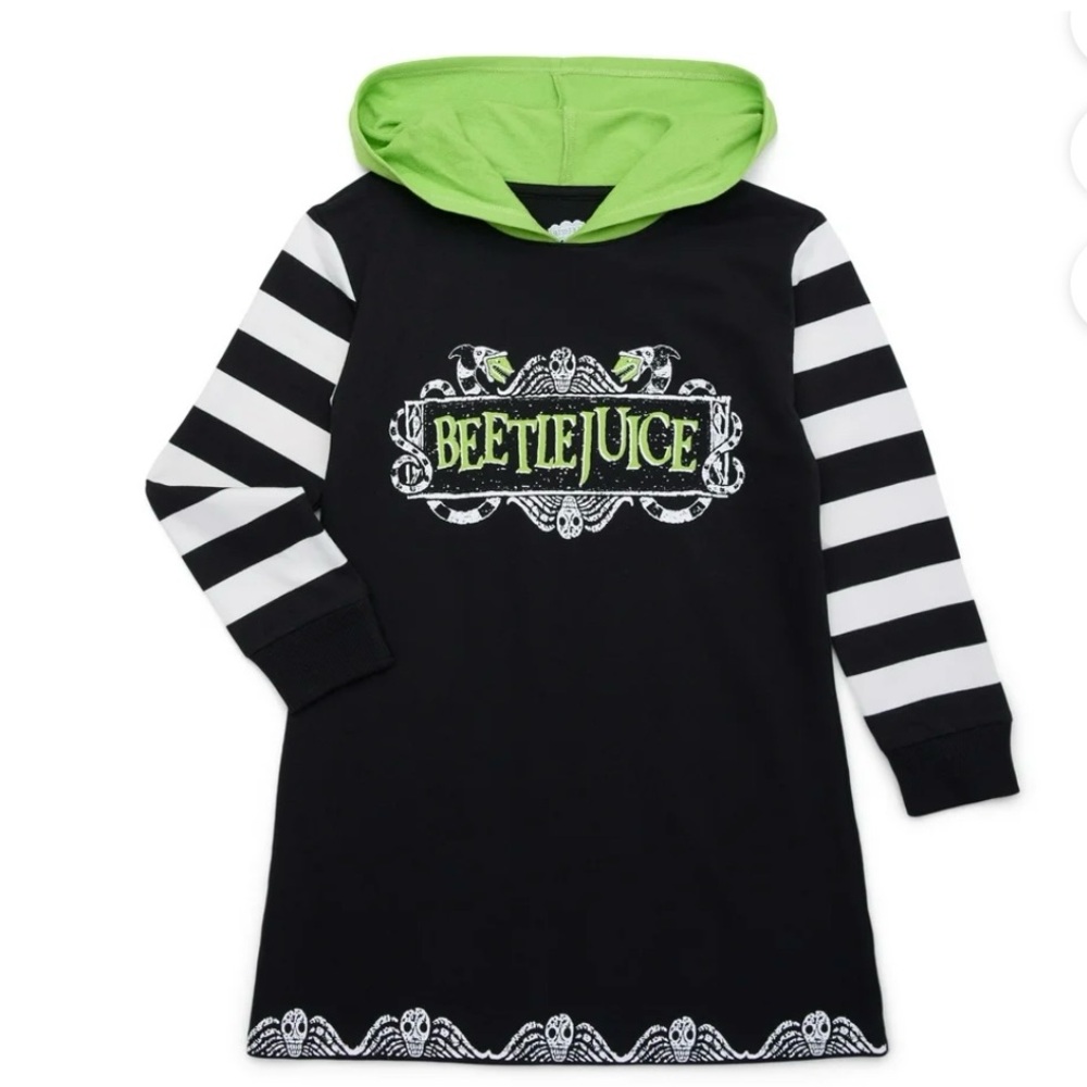🖤💚 Beetlejuice Hooded Sweater Dress Girls XS (4/5) NWT Striped‎ Sleeves